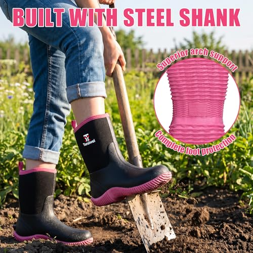 Image of Rubber Boots for Women,Rain Boots with Steel Shank, Waterproof Insulated Mid Calf Neoprene Garden Boots, Anti-slip Outdoor Boots Multi-season