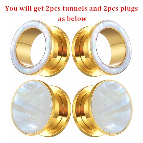 2 Pairs White Pearl Shell Stainless Steel Ear Gauges Plugs and Tunnels, Size 2g - 1 inch Hypoallergenic Surgical Steel Ear Stretcher Expander Body Jewelry2