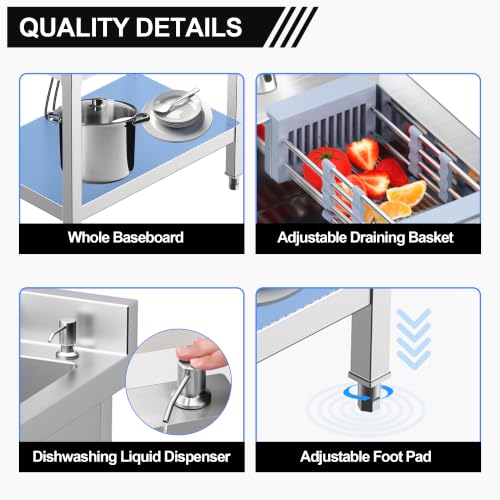 Image of 39 inch Stainless Steel Utility Sink, Deep Single Bowl Laundry Sink | Freestanding Garage Sink with Hot and Cold Water Supply for Laundry Room, Workshop, Farmhouse, Basement and Utility Use