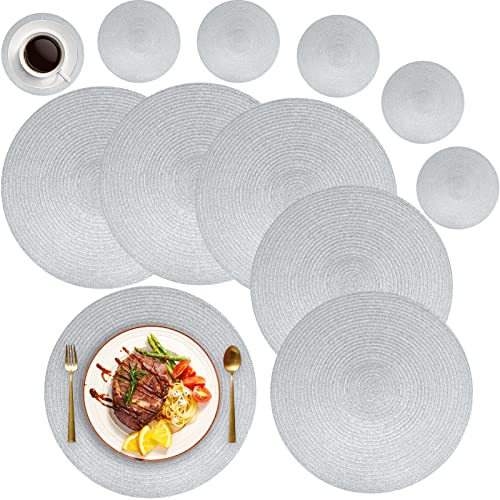 MI CASA Round Placemats and Coasters Set of 6 Round Braided Woven Place Mats Washable Heat Resistant Table Mats for Kitchen Dining Table Home Restaurant Silver