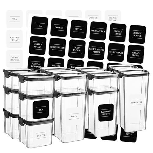 Argon Tableware Food Storage Container Set with Labels - Black - Pack of 16 - (4 Sizes) - Clear Airtight Reusable Freezer Storage Meal Prep Container Lunch Tupperware Box with Clip-Lock Lid