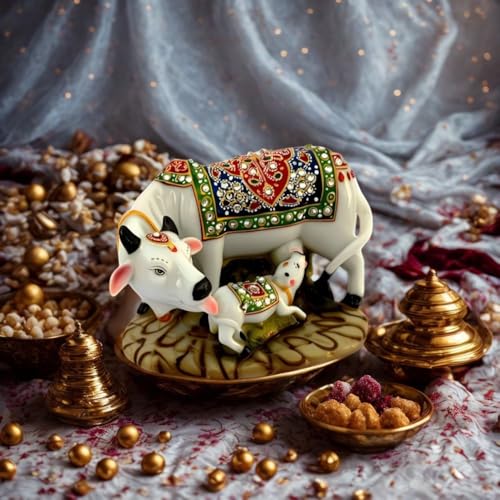 Image of SkyKey Decorative Kamadhenu Cow with Calf Figurine, White with Ornate Traditional Design, Polyresin, Religious Hindu Art Statue,3 Inch