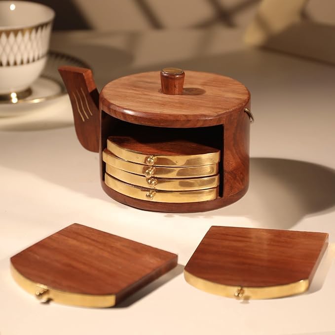 Image of Oaklyn Handcrafted Rosewood Kettle Design Coaster Set (Set of 6) with Stand | Stylish Tea & Coffee Coasters for Dining & Living Room Table