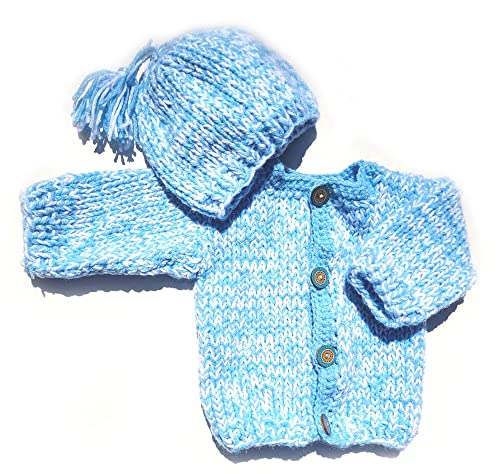 KSS Handmade Light Blue Knitted Baby Boy Sweater/Jacket and Hat (12 Months)