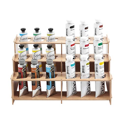 Image of HG Art Concepts Mezzo Artist Paint and Brush Racks - Wood Grain Laminate Multi Layer Desk Stand Professional Storage Display Organizer for Paintbrushes and Tubes - Straight Rack 2