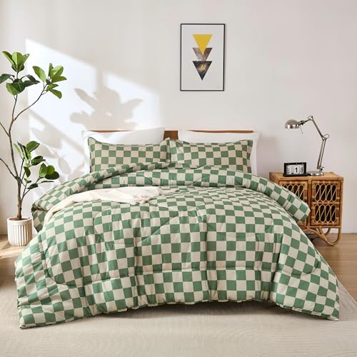 Anrenoti Sage Green Beige Checkerboard Grid Comforter Set 2 Pieces Fluffy Plaid Down Alternative Comforter Twin (66x90) Lightweight Microfiber Geometric Bedding with 1 Pillowcase for All Seasons