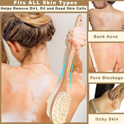 Image of Tony Stark 2-in-1 Long Handle Body Brush | Exfoliating & Massaging Bath Brush | Helps Reduce Cellulite | Boosts Blood Circulation | Gently Removes Dead Skin Cells | Natural Soft Bristles - 1 Piece