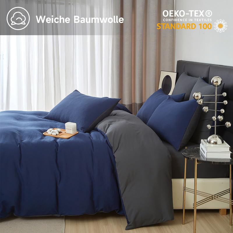 Gezu Baumwolle Bettwäsche 135x200cm Blau Dunkelblau Grau 4Teilig Einfarbig Uni Ästhetik Doppelbett Weich Baumwollbettwäsche Wende Bettwäsche Bettbezug 135x200 und 2Kissenbezug 80x80 mit Reißverschluss