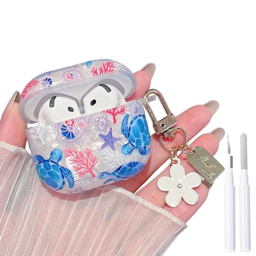 Image of MINSCOSE for Glitter AirPods 4 Case,Cute Shell Pattern Marine Life Design with Floral Keychain,Soft TPU Anti-Drop Shockproof Cover with Cleaner Kit for Women Girls for AirPods 4-Turtle