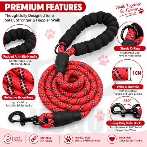 Image of PetVogue FT Nylon Rope Dog Leash, Heavy Duty Training & Walking Lead for Small, Medium & Large Dogs, Reflective Pet Walking Cord with Comfortable Padded Handle & Strong Metal Clip (Red)