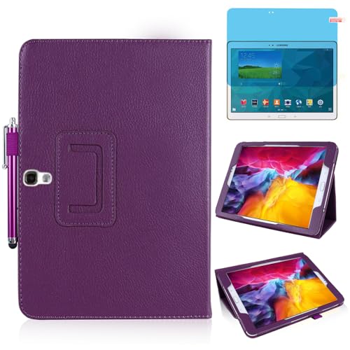 Slim Leather Case for Samsung Galaxy Tab S 10.5 Inch 2014 (SM-T800 T805 T807 T801), Multi-Angle Stand Full-Protective Tablet Cover Book Case with Stylus Pen,Screen Film (Purple)