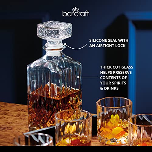 Image of BarCraft Premium Whisky Decanter & Glass Gift Set for thinKitchen - 5 Piece Cut-Glass Tumbler Set for Bourbon & Scotch, 900ml Decanter + 4 Glasses