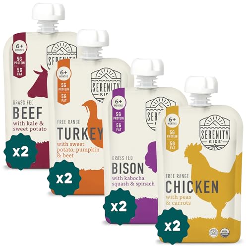 Image of Serenity Kids 6+ Month Baby Food Pouches - Protein-Packed Meat Pouches with 5g Protein - Organic Baby Food Blend for Toddler Snacks - Nutrient-Rich Puree Meets 40% DV - 3.5 Oz, Pack of 8