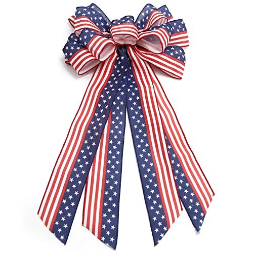 Large 4th of July Patriotic Wreath Bow, American Flag Bow with Red and Blue Stars, Veterans Day Decorations, Faux Linen Independence Day Decor for Front Door, Wreath, Porch, Wall, Party Backdrop, 1 Pc