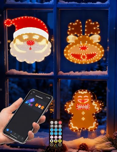 3Pack 12in Smart Christmas Window Lights Decorations with Remote/App, Lighted Santa Face, Reindeer, Gingerbread Man, Timer, Music Sync, Dimmer, Holiday Indoor Outdoor Wall Door Glass Decorations