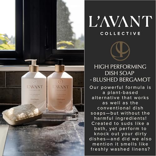 L'AVANT Collective The Ultimate Dish Wash Duo, Natural Luxury Dish Soap 16 Fl Oz with Refillable Glass Pump Bottle & 2 Loofah Dish Sponges for Pots, Pans, Dishes and Kitchen Cleaning, Blushed Bergamot - Image 5
