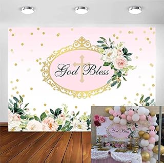 Avezano First Communion Backdrop God Bless Baptism Flower Photo Backdrops Christening Floral Birthday Baby Shower Cake Table Decorations Banner Photography Background (7x5ft)
