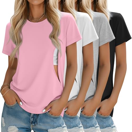 Oakgarden 4 Pack Women's Nursing Breastfeeding Shirts with Zipper Loose Fit Short Sleeve Maternity Top Nursing Clothes(Light Pink, White, Gray, Black,XX-Large)