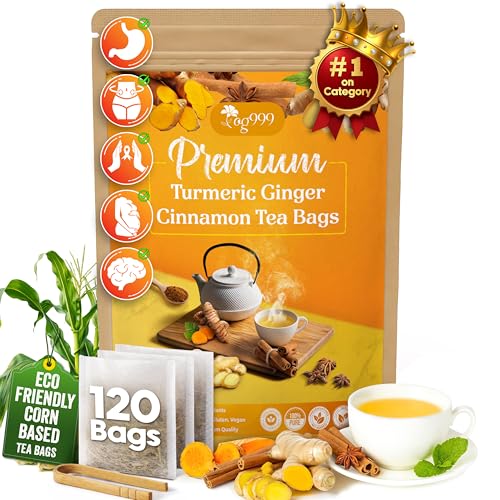 120 Bags Premium Turmeric Ginger Cinnamon Tea Improve Digestion Support Brain Weight Skin and Sleep Eco-Conscious Tea Bags and Premium Natural Ingredients. Turmeric Ginger Herbal Tea. No Sugar No Caffeine No Gluten Vegan.
