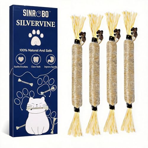 SINROBO  Kitty Chew Sticks Natural Silver Vine Cat Treats with Catnip Helps Reduce Tartar & Stress