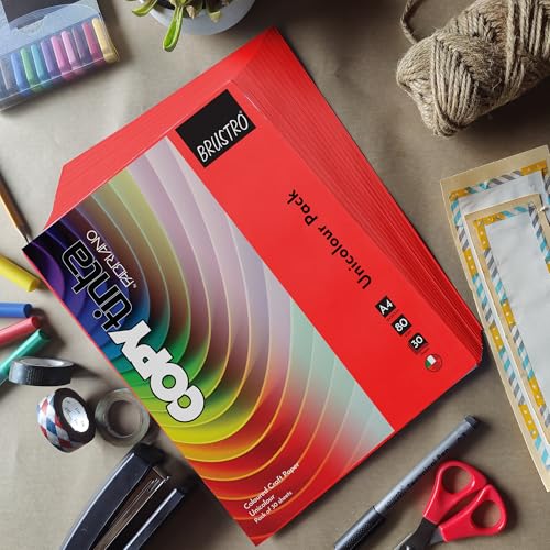 Image of BRUSTRO Copytinta Coloured Craft Paper A4 Size 80 GSM Red Shade (Rosso), 60 Sheets Pack | Double Side Colored, Ideal for Origami, Scrapbooking, Making Card, DIY Art & Craft.