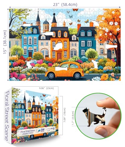Image of Colorful City Street Jigsaw Puzzles for Adults 500 Pieces Spring Vintage Car and Flower Garden Scene Puzzle Family Challenging Funny Puzzle Perfect for Game Nights(21 inchx15 inch)