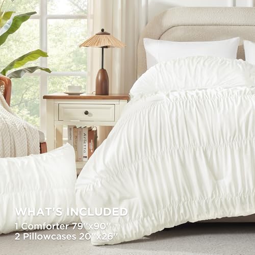 Image of Andency Ruched Ivory Full Comforter Set, Boho Ruffle Bedding Set 3 Pieces