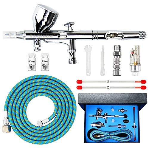 Double Action Airbrush Kit Air Brush Spray Paint Tool with 0.3mm/0.2mm/0.5mm Needles, 9CC Paint Cup and Air Hose for Tattoo Nail Art Car Hobby Painting Photo Retouching Cake Decorating and Textiles