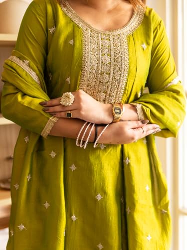 Image of VredeVogel Women's Silk Blend Embroidered Anarkali Kurta with Pant & Dupatta Set | Festive & Casual Women Ethnic Kurta Set for Women