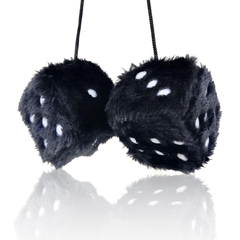Mioyoow Black Fuzzy Plush Dice, Universal Fashionable Car Square Decoration Easy To Install Dice Car Hanging Furry Dice With Dots For Car Rearview Mirror