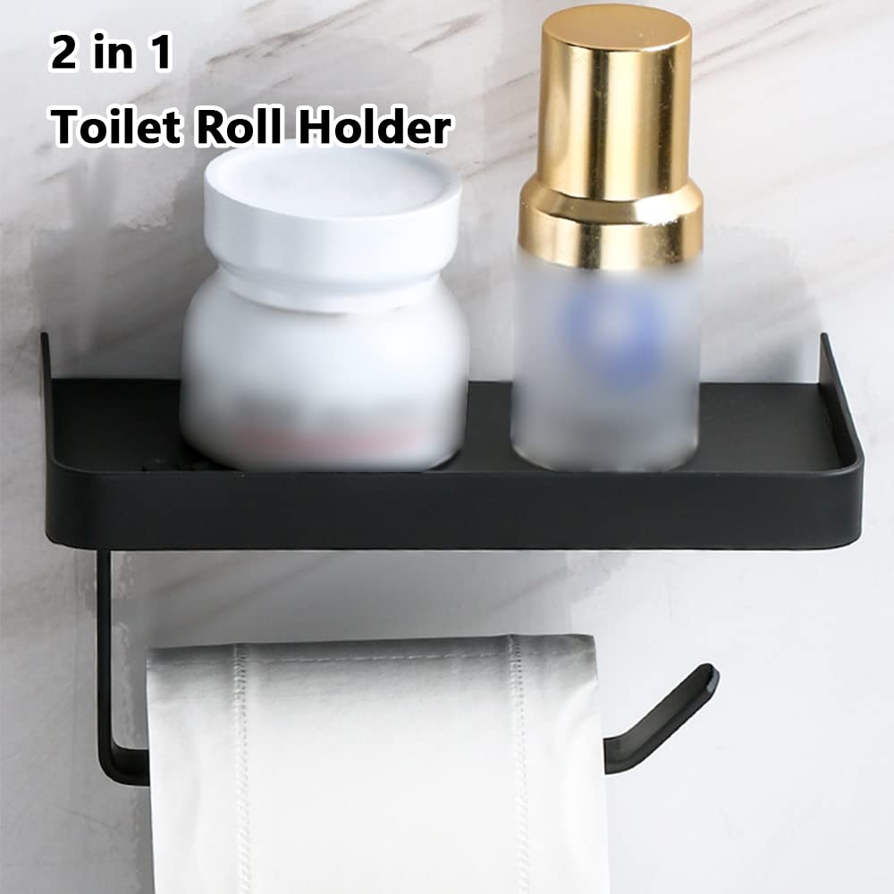 Portarotolo di carta igienica 2 in 1 con mensola, montaggio a parete, in acciaio inox, autoadesivo, per bagno e cucina (nero)