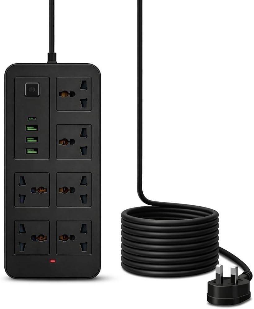 Universal Power Strip Extension Board with 6 Outlets, 3 USB Ports & Type-C Fast Charging, Surge Protected 6 Way Socket with 3M Cable,Child Safety Shutters & UK Type-G Plug for Home, Office (Black)