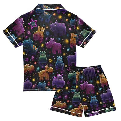 Satin Pajama Sets Short Sleeve Colorful Hippo Star Background Button Down Silky Nightwear 2 Piece PJS 5-14Y2