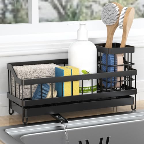 Huilaimi Sink Caddy Sponge Holder for Kitchen Sink with High Brush Holder Rustproof and Strong anti slip Self Draining spout is idealKeep Countertop Organizer Black