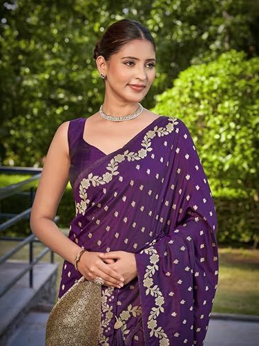 Image of MANOHARI Women's Trendy Banarasi Satin Silk Woven Saree with Heavy Jacquard Work, Elegant Design for Women with Lace Border Unstitched Blouse Piece for Weddings & Festive Occasions