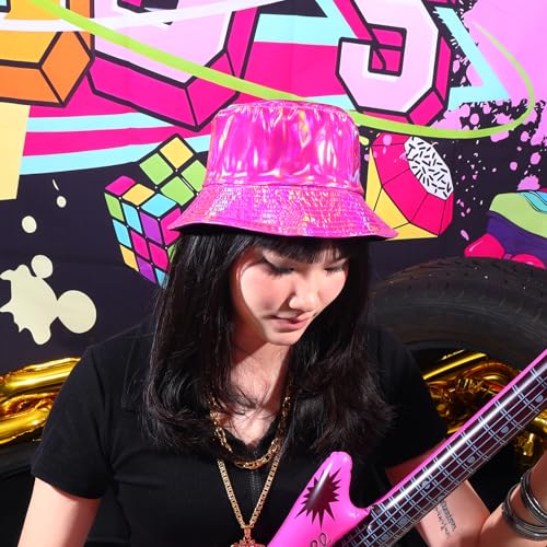 Image of Unisex Black Bucket Hat Waterproof Rain Hat Reversible Shiny Rave Bucket Hat for Concert Festival