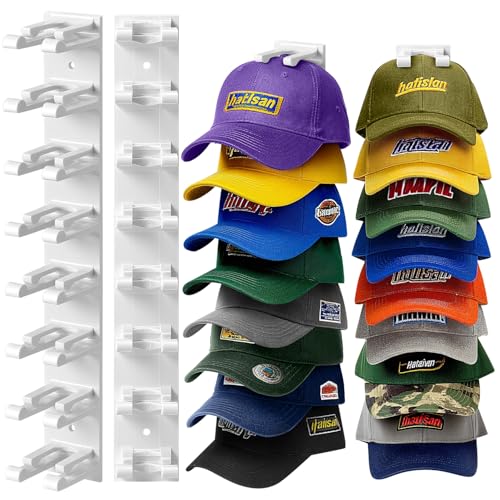 Hat Organizer for Baseball Caps Wall, 2 Pack Hat Holder for Closet Door Hold up to 16 Hats,Hat Hook with Adhesive and 8 Screws, Hat Hanger Cap Holder Hat Hangers for Wall Closet Door Bedroom(A-White) - image 1