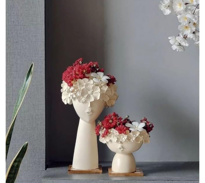 MAXXINN Prety littile Golden and White Modern Head Vase Statue Planter Pot,Greek Bust Head Flower Vase,Resin,Lady Face Pots for Plants Decoration White(Set of 2) (White)
