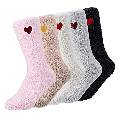 fuzzy socks for women winter fluffy slipper cozy heart socks womens comfy halloween soft christmas warm bridesmaid sleep fleece girls teen cute sleeping softest pink sherpa bulk slippers bed chenille cabin socks 5-Pack