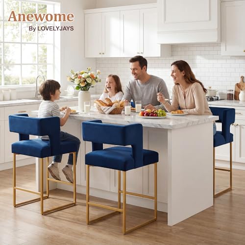 Image of Counter Height Bar Stools Set of 4, Blue Velvet Bar Chair Gold Leg | 26 inch Seat Height Fits Standard Kitchen Islands, Upholstered Barstools, Back Support, Square Metal Legs, Footrest