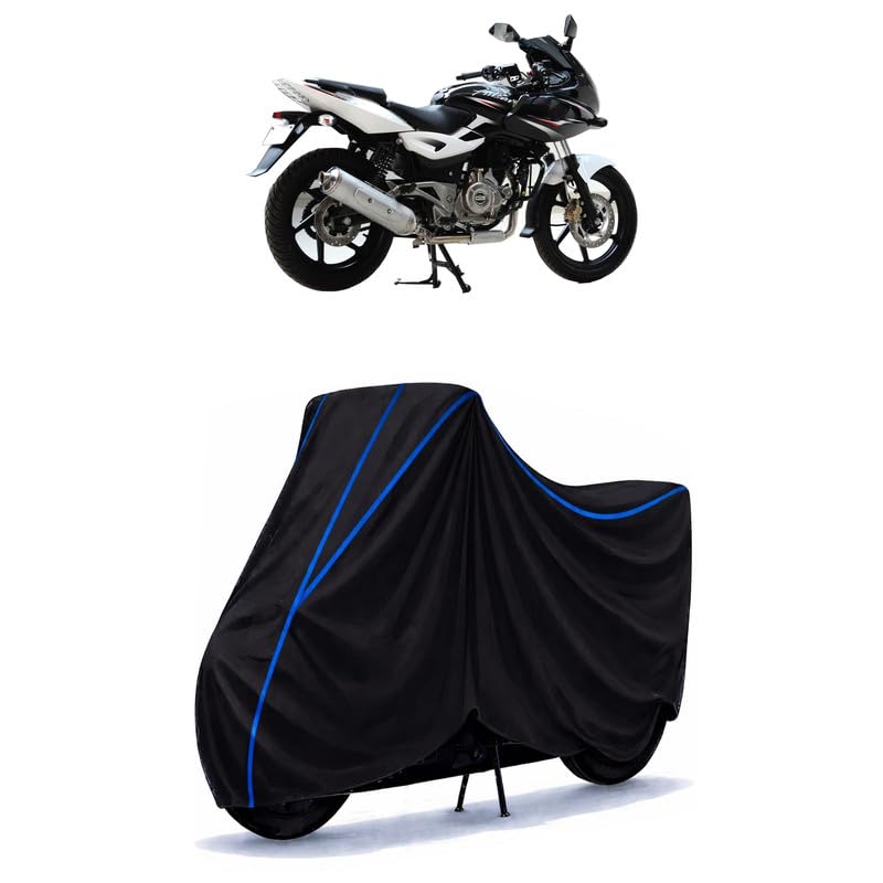 Image of BIR Water Resistant Bike Cover Compatible for Bajaj 220 | Universal Rain Cover | UV Protection, Dust & Scratch Protection | Indoor Outdoor All Weather | Black Blue Piping with Elastic