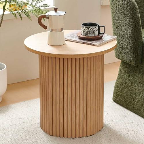Pandolfini 19 Inch Round Sofa Side Table, Round End Table for Small Spaces, Round Coffee Table with Oak Wood Veneer Tabletop, Engineered Wood Strip Base for Living Room, Bedroom