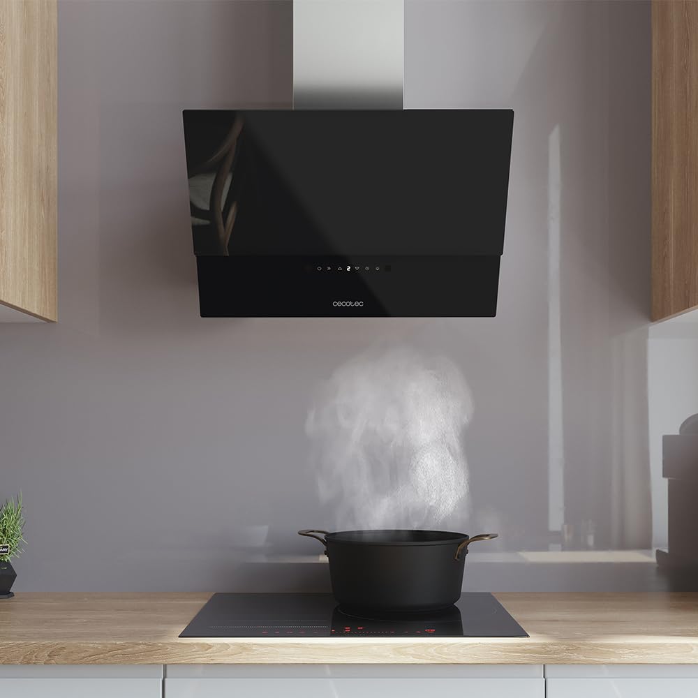 Cecotec Campana Extractora Decorativa 60 cm Bolero Flux DT 608001 Glass Black A++, 210W, Iluminación LED, Succión 800m3/h, Control Táctil, 3 Niveles, Filtro Carbono, Hand Movement, Delay Function