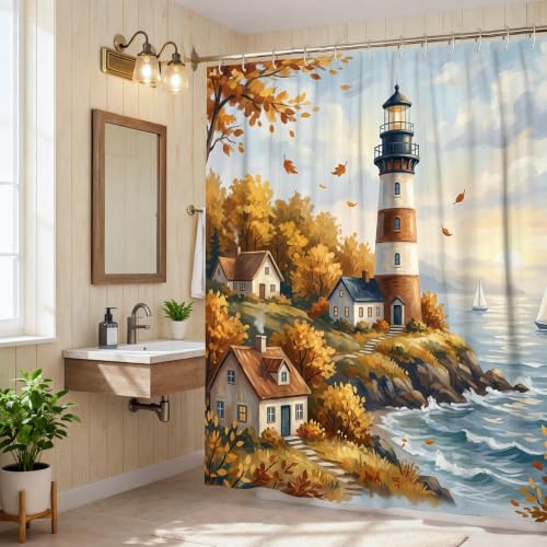 Rideau de douche imperméable et résistant motif rustique feuilles et phare
