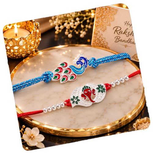 Image of CraftVatika Silver Plated Rakhi Set of 2 for Brother Boy Men, Designer Ganesha Radhe Krishna Rakhi for Brother, Premium Thread for Rakshabandhan Festival with Best Wishes Card and Tillak Set for Him