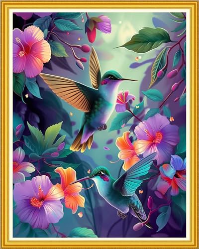 Image of Magxvouy Cross Stitch Kits Stamped Full Range of Embroidery Kits,Cross Stitch Patterns Needlework Kits for Beginners 11CT Printed Kits&Hummingbird Flowers 16x20 inch