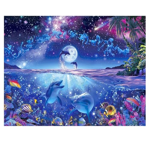 SHEGZHUC Peinture diamant 50 x 40 cm - Pierres carrées - Peinture diamant dauphins - Monde sous-marin - Peinture diamant - Broderie au point de croix - Images cadeau -...