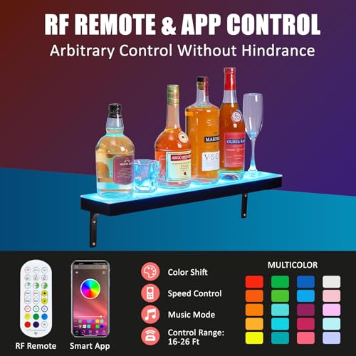 LED Lighted Liquor Bottle Display Shelf, 1 Tiers 24 Inch Acrylic Wall Mounted Whiskey Rack Stand with Remote & App Control, and Multi-color Lighting, Bar Bottle Display Shelf for Liquor Shelves