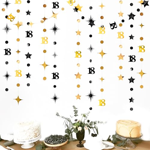 Image of Black Gold 18th Birthday Decorations Number 18 Circle Dot Twinkle Star Garland Streamer Banner Backdrop for Girls Boys Happy 18th Birthday Time to Adult Cheers to 18 Years Old Anniversary Party Deocr