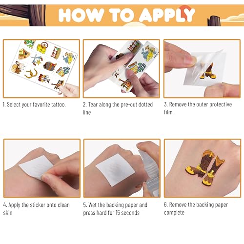 Image of 96 PCS Pre-Cut Cowboy Temporary Tattoos for Kids Birthday Party Favors | Super Cute Western Rodeo Horse Themed Supplies, Decorations, Fake Tattoo Stickers for Boys